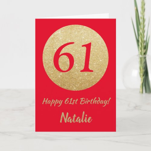 Happy 61st Birthday Red and Gold Glitter Card