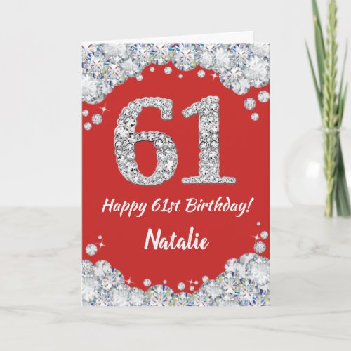 Happy 61st Birthday Red and Silver Glitter Card
