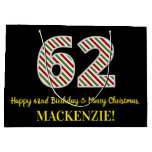 [ Thumbnail: Happy 62nd Birthday & Merry Christmas, Custom Name Gift Bag ]