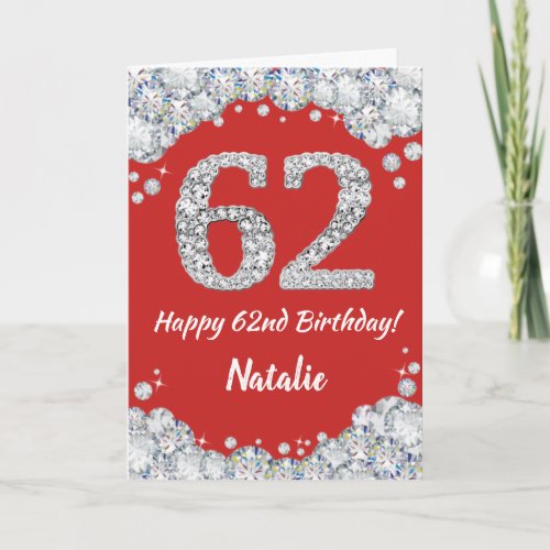 Happy 62nd Birthday Red and Silver Glitter Card