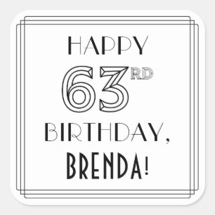 HAPPY 63RD BIRTHDAY, Art Deco Style, Custom Name Square Sticker