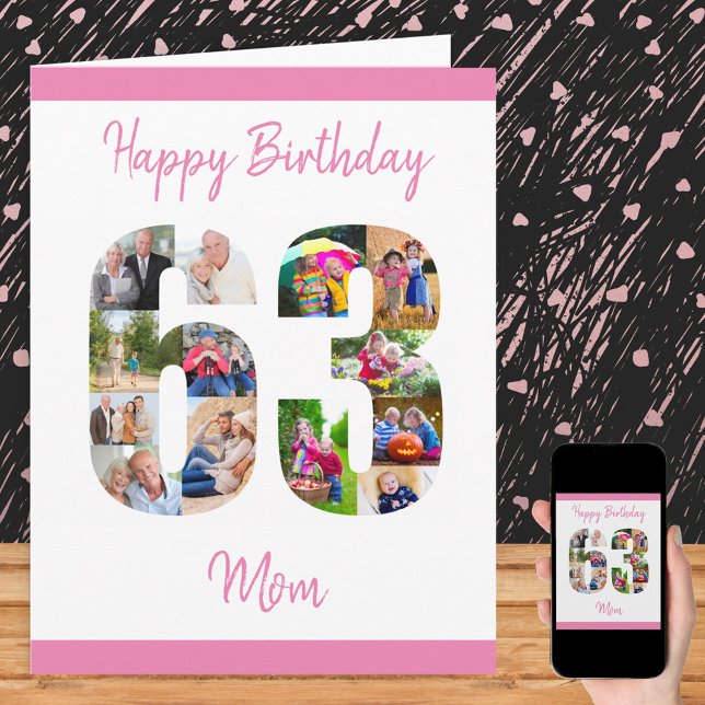 Happy 63rd Birthday Mom 63 Number Photo Collage Card (Creator Uploaded)