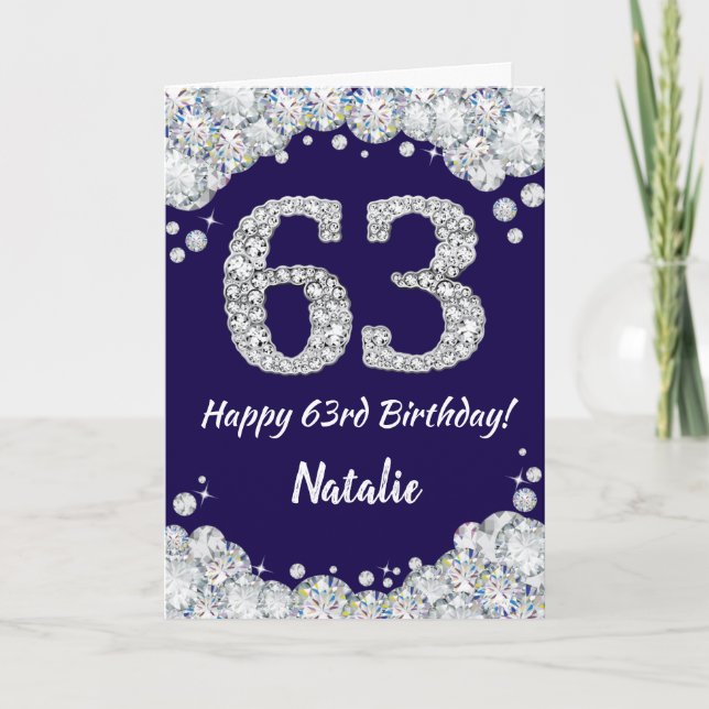 Happy 63rd Birthday Navy Blue and Silver Glitter Card (Front)
