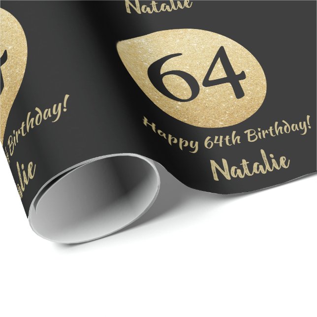 Happy 64th Birthday Black and Gold Glitter Wrapping Paper (Roll Corner)