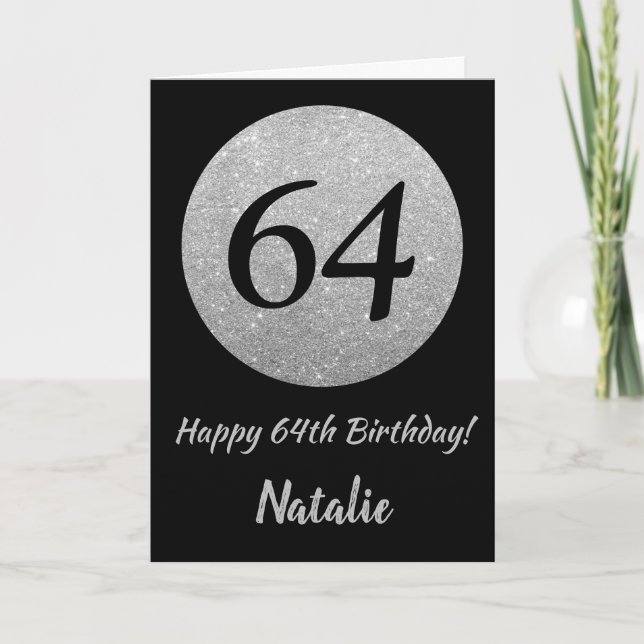 Happy 64th Birthday Black and Silver Glitter Card (Front)