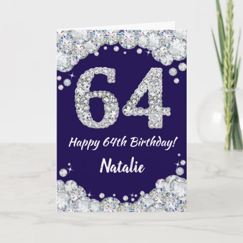 Happy 64th Birthday Navy Blue and Silver Glitter Card