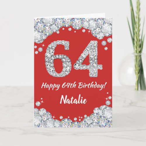 Happy 64th Birthday Red and Silver Glitter Card