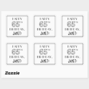 HAPPY 65TH BIRTHDAY, Art Deco Style, Custom Name Square Sticker
