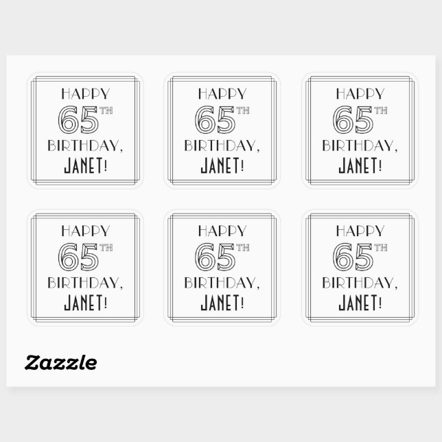 HAPPY 65TH BIRTHDAY, Art Deco Style, Custom Name Square Sticker (Sheet)
