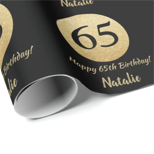 Happy 65th Birthday Black and Gold Glitter Wrapping Paper