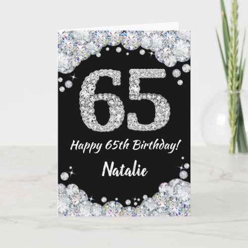 Happy 65th Birthday Black and Silver Glitter Card