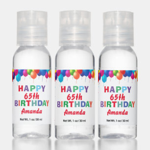 Happy 65th Birthday Colorful Balloons Confetti Hand Sanitizer