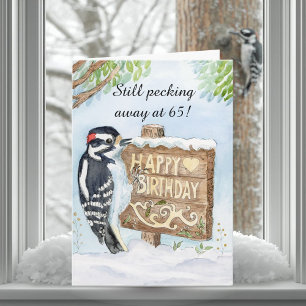 Happy 65th Birthday Downy Woodpecker Card