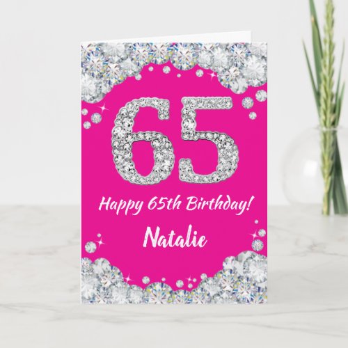 Happy 65th Birthday Hot Pink and Silver Glitter Card