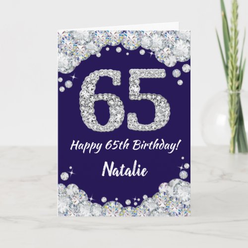 Happy 65th Birthday Navy Blue and Silver Glitter Card
