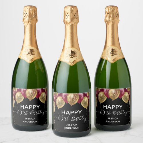 Happy 65th Birthday Red and Gold Sparkling Wine La Sparkling Wine Label