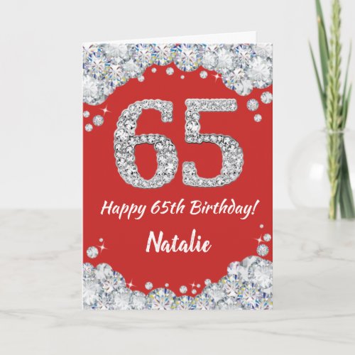 Happy 65th Birthday Red and Silver Glitter Card