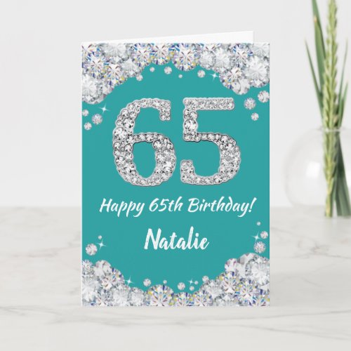 Happy 65th Birthday Teal and Silver Glitter Card