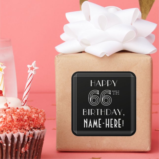 HAPPY 66TH BIRTHDAY; Art Deco Style; Custom Name Square Sticker (Party)