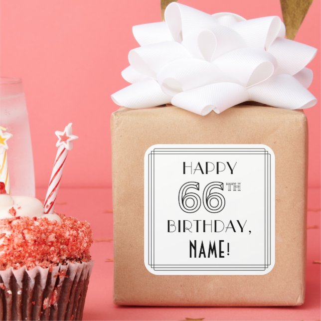 HAPPY 66TH BIRTHDAY, Art Deco Style, Custom Name Square Sticker (Party)