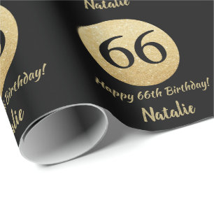 Happy 66th Birthday Black and Gold Glitter Wrapping Paper