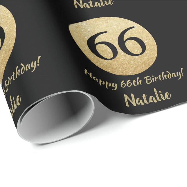 Happy 66th Birthday Black and Gold Glitter Wrapping Paper (Roll Corner)