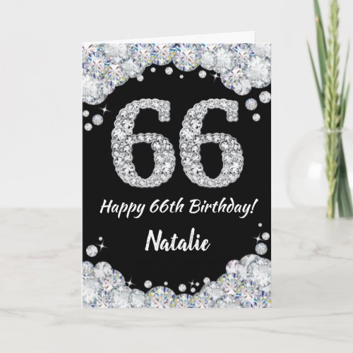 Happy 66th Birthday Black and Silver Glitter Card