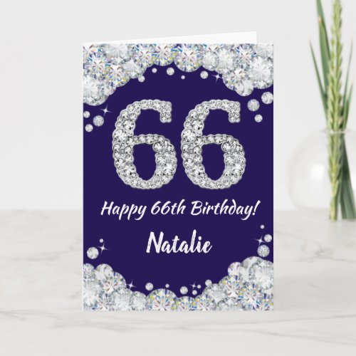 Happy 66th Birthday Navy Blue and Silver Glitter Card