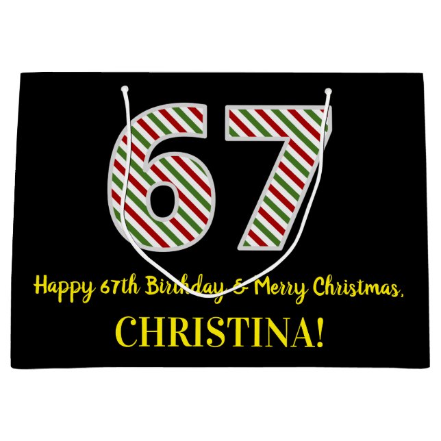 Happy 67th Birthday & Merry Christmas, Custom Name Large Gift Bag (Front)