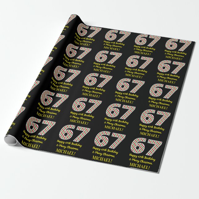 Happy 67th Birthday & Merry Christmas, Custom Name Wrapping Paper (Unrolled)