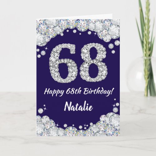 Happy 68th Birthday Navy Blue and Silver Glitter Card