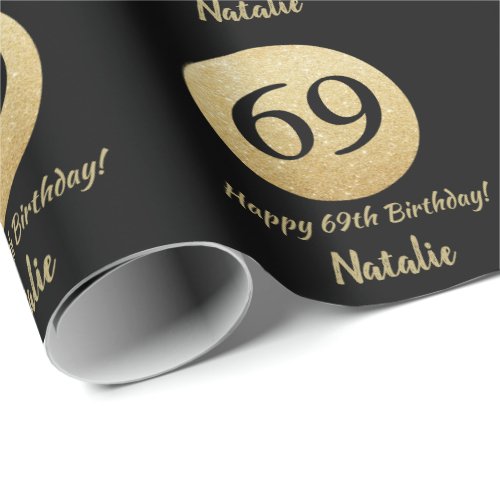 Happy 69th Birthday Black and Gold Glitter Wrapping Paper