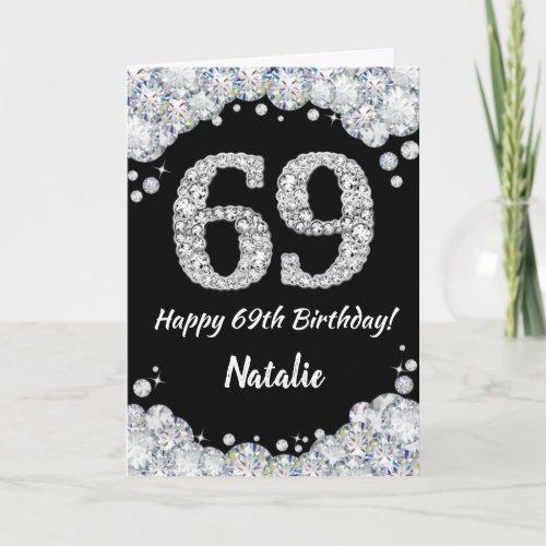 Happy 69th Birthday Black and Silver Glitter Card