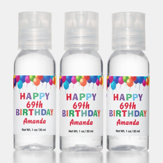 Happy 69th Birthday Colorful Balloons Confetti Hand Sanitizer (Set)
