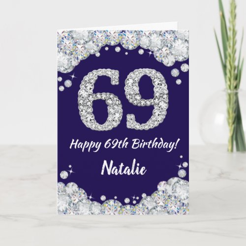Happy 69th Birthday Navy Blue and Silver Glitter Card