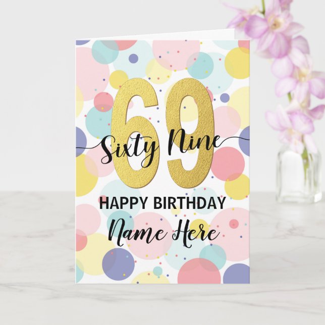 Happy 69th Birthday Pastel Rainbow Gold Woman Card (Orchid)