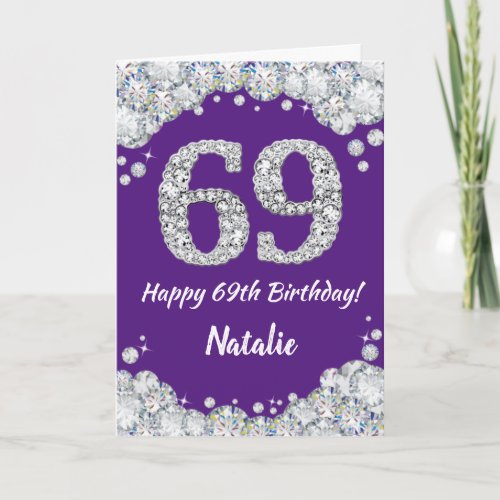 Happy 69th Birthday Purple and Silver Glitter Card