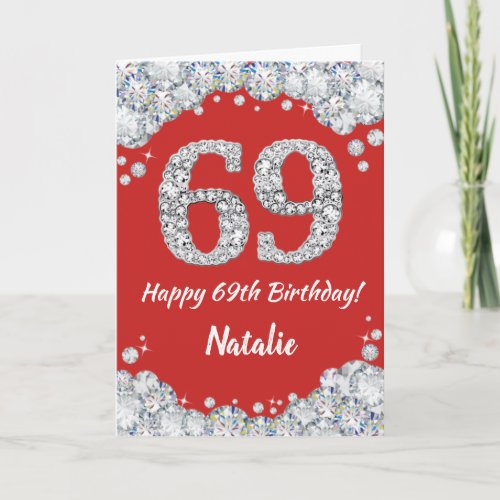 Happy 69th Birthday Red and Silver Glitter Card