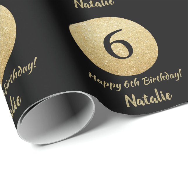 Happy 6th Birthday Black and Gold Glitter Wrapping Paper (Roll Corner)