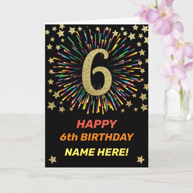 Happy 6th Birthday Black & Gold Rainbow Firework Card (Orchid)