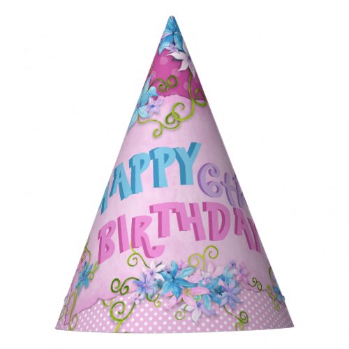 Happy 6th Birthday Floral Pink Purple Polka Dots Party Hat