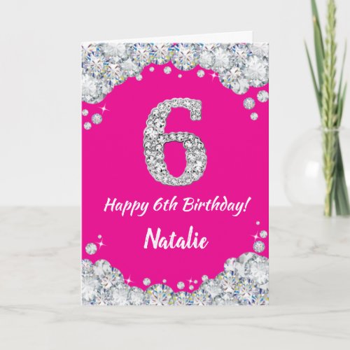 Happy 6th Birthday Hot Pink and Silver Glitter Card