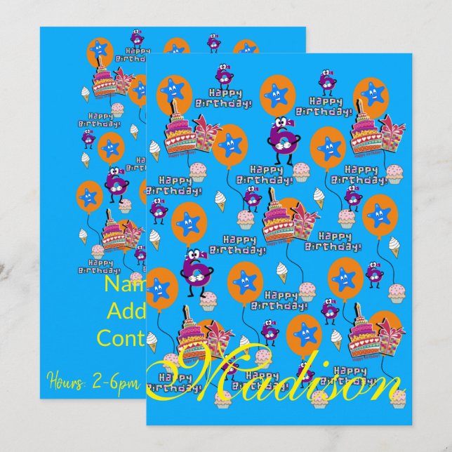 Happy 6th Birthday Invitation Birthday #6 (Front/Back)