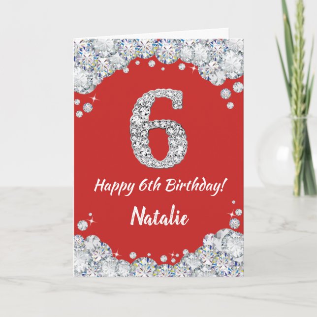 Happy 6th Birthday Red and Silver Glitter Card (Front)
