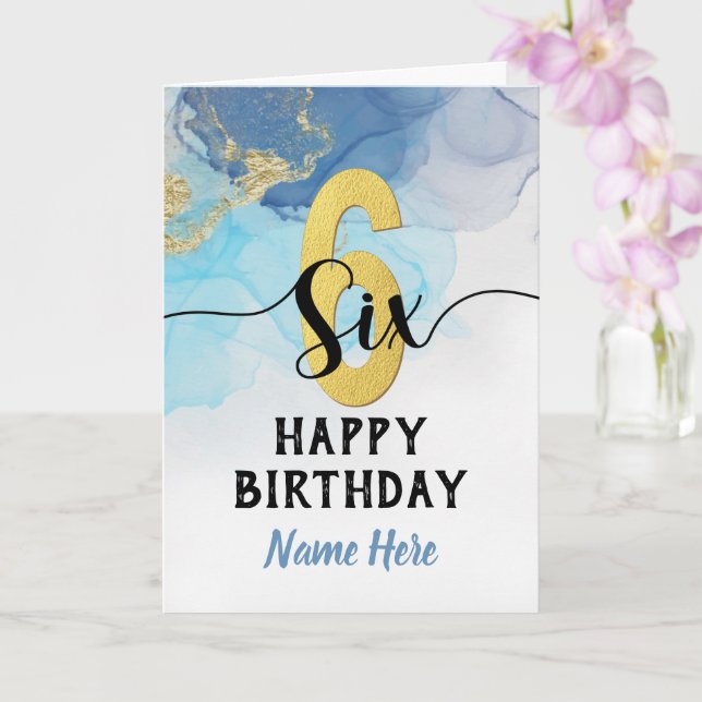 Happy 6th Birthday Watercolor Blue & gold Boy Card (Orchid)