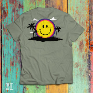 Happy 70s Retro Smiley Face Sunset Beach Vibes T-Shirt