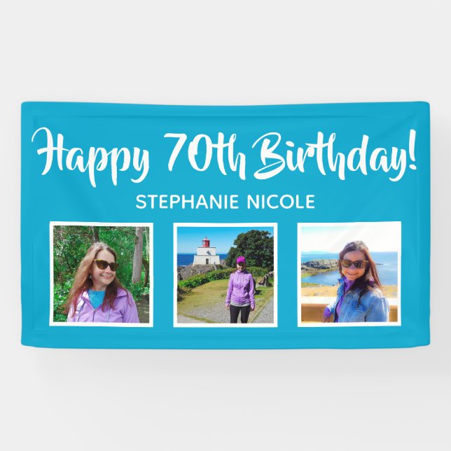Happy 70th Birthday Aqua Blue Personalized Photos Banner (Horizontal)