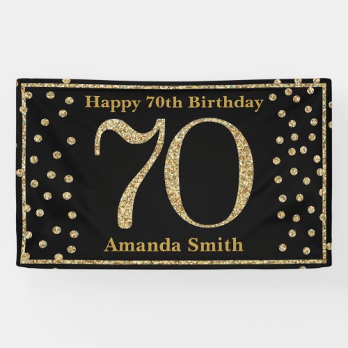 Happy 70th Birthday Banner Black and Gold Glitter