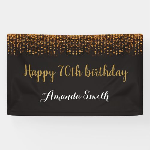 Happy 70th Birthday Banner Black and Gold Glitter Banner