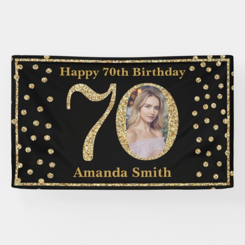 Happy 70th Birthday Banner Black and Gold Photo